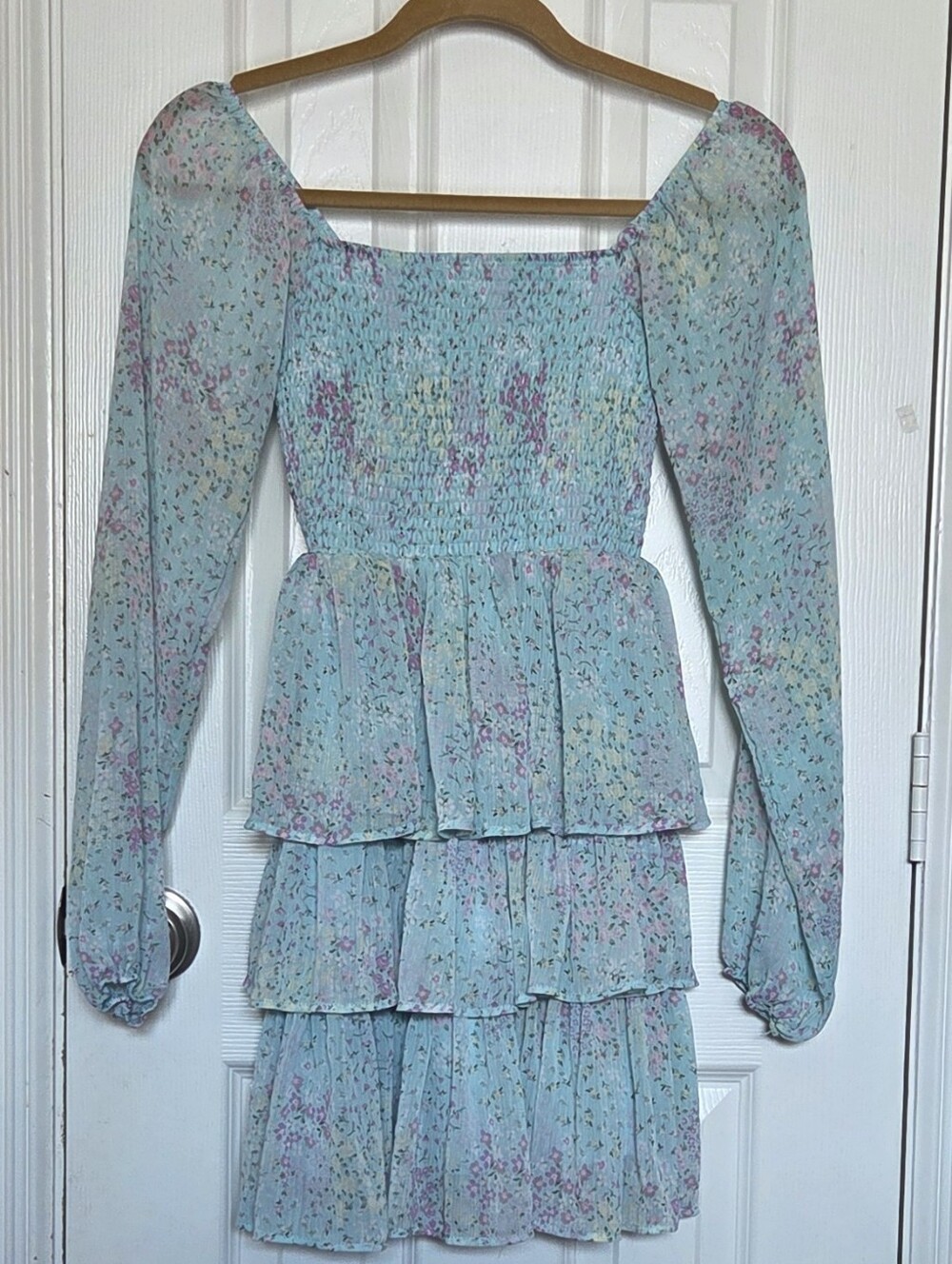 Steve Madden Light Blue Floral Smocked Tiered Mini Dress